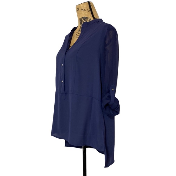 Navy Sheer V-Neck Long Sleeves Blouse L - Picture 4 of 10